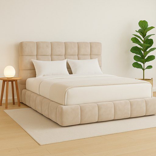 Quarto claro com cama estofada em capitonê bege junto a uma planta
